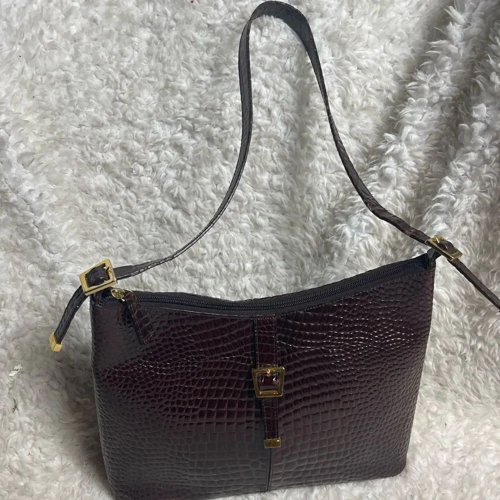Etienne Aigner leather burgundy reptile print shoulder bag gold tone hardwares
